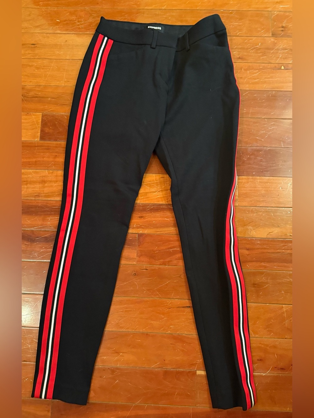 Express Black Legging Pants with Modern Red Side Stripes